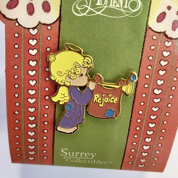 Vintage Precious Moments Pin Rejoice O Earth Christmas Bear Little Angel Set 3 - Picture 2 of 8